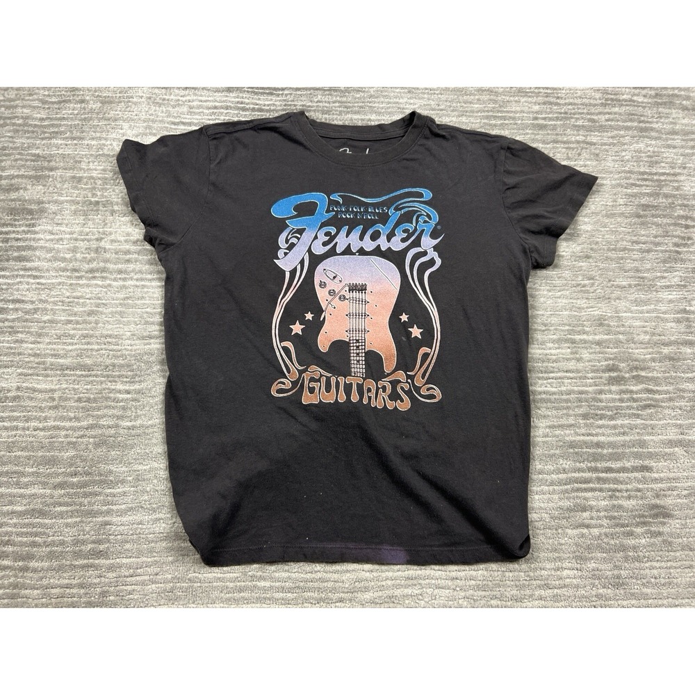 Fender T-Shirt Womens Medium Black Guitar Graphic Back Knot Short Sleeve Tee